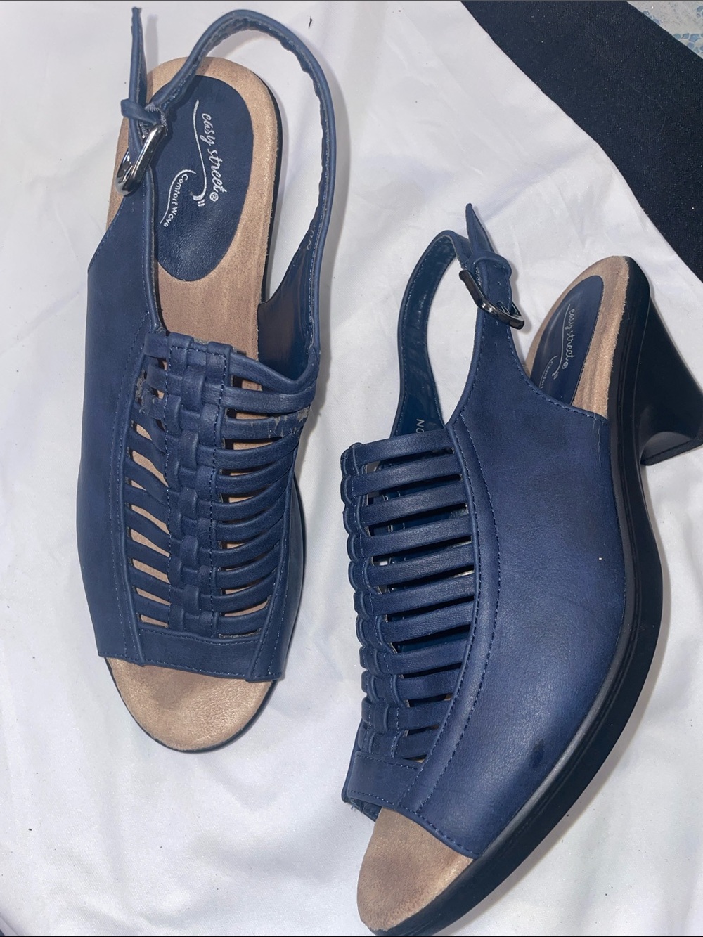 easy street Navy Woven Slingback Peep-Toe Heels